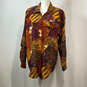LE CAVIAR Abstract Print Long‎ Sleeve Button Up Shirt Women's Size L Polyester
